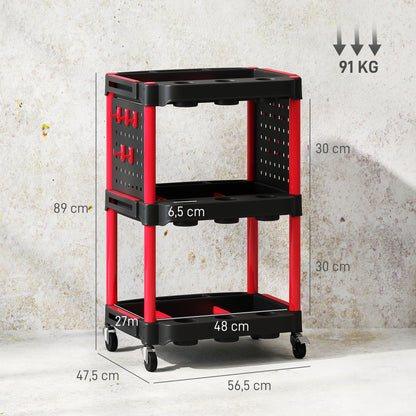 HOMCOM Werkzeugwagen, dreistufige Regale, 4 Räder, Kunststoff, 10 Haken, Rot