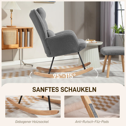 HOMCOM Schaukelstuhl mit Fußhocker، Weicher Fleece-Bezug، Holzbeine، Kissen، hohe Rückenlehne، Schaukelsessel، Dunkelgrau