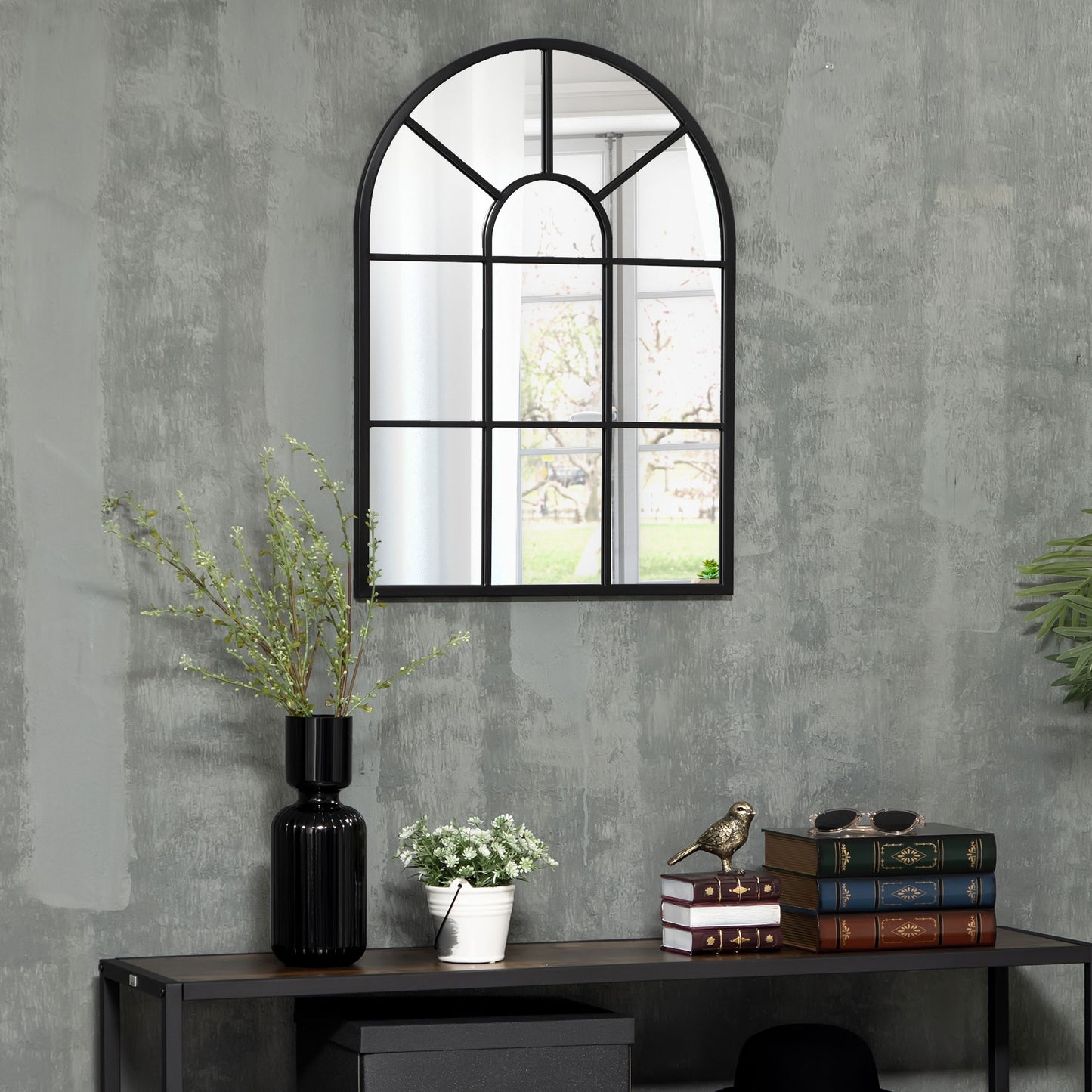 HOMCOM Wandspiegel, Fenster-Design, Flurspiegel, Metallrahmen, 70x50 cm, Schwarz