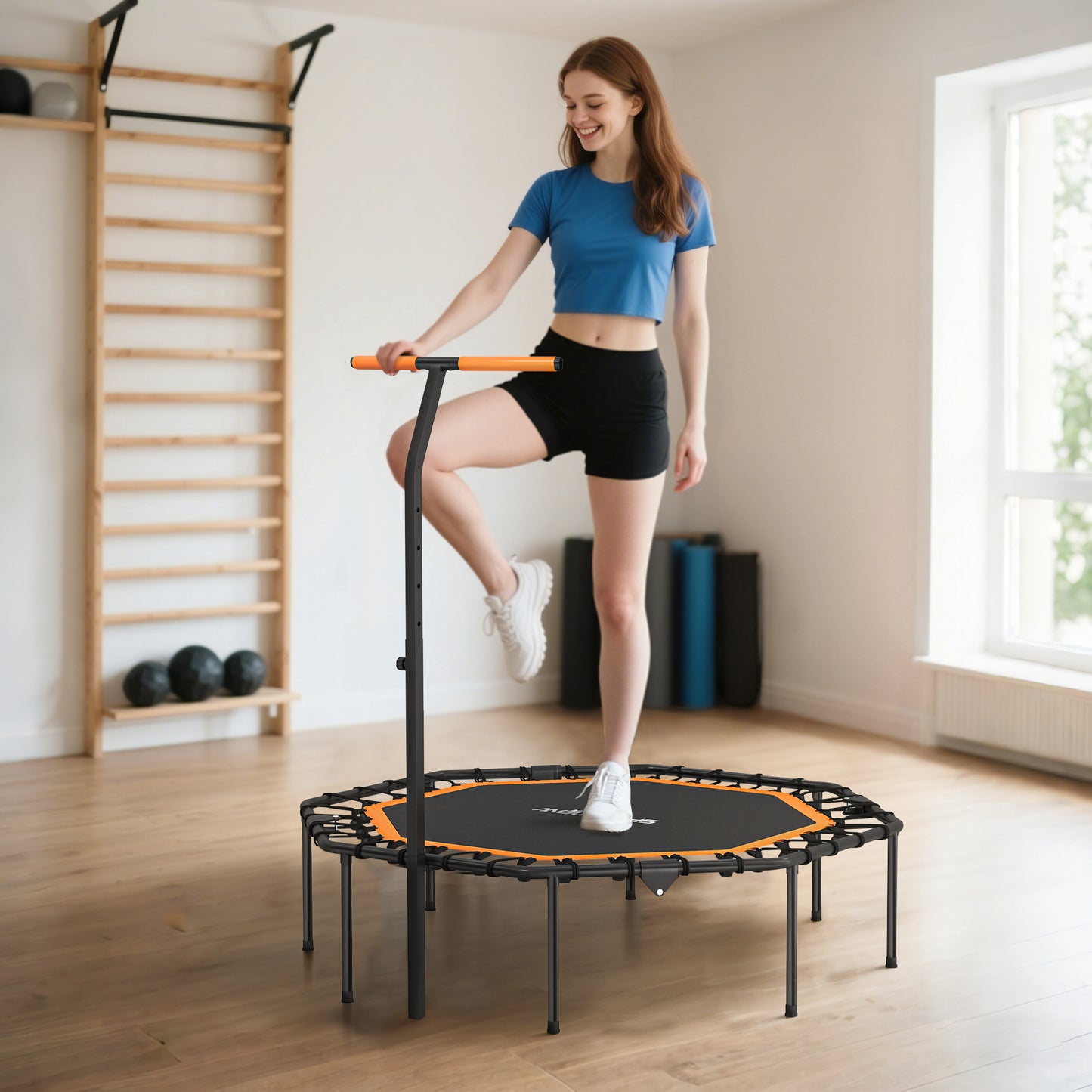 SPORTNOW Fitness-Trampolin, Trainingstrampolin mit verstellbarem Haltegriff, stabil und leise, für drinnen, Stahl, Orange