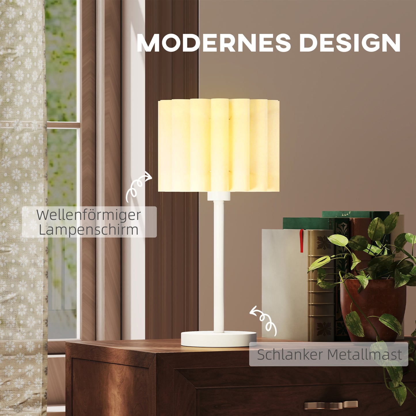 HOMCOM Tischlampe im Retro-Stil, Nachttischlampe, Kunststoff-Schirm, Knopfschalter, Weiß