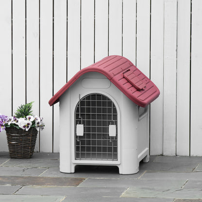 PawHut Hundehütte Outdoor Hundehaus mit Dachluke Tor Unterschlupf für kleine Hunde Kleintierstall Luftzirkulation wasserdicht Metall Kunststoff Rot+Hellgrau 59 x 75 x 66 cm