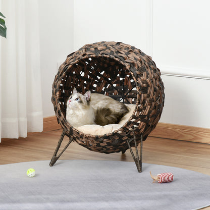 PawHut Katzenhaus aus Rattan mit Kissen Katzenschlafplatz Katzenhöhle mit erhöhten Füßen Braun Ø52 x 58 سم