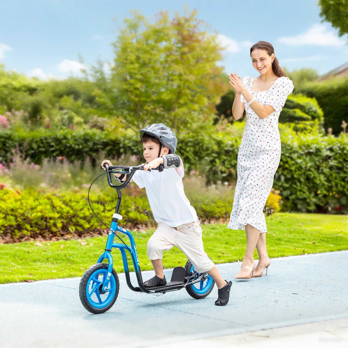 AIYAPLAY Kinderroller mit verstellbarem Lenker, große Räder, Parkständer, Handbremse, für Kinder im Alter von 5-12 Jahren, Blau