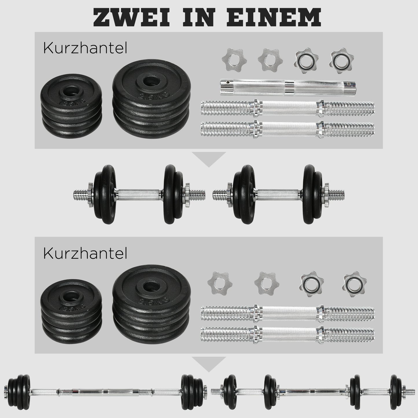 HOMCOM Kurzhantel, Langhantel, 2-in-1, 20 kg, 8 Hantelscheiben, rostfrei, Eisen, schwarz, 95 x 16 x 16Hcm