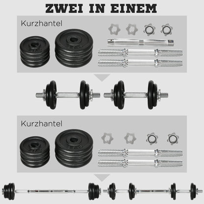HOMCOM Kurzhantel, Langhantel, 2-in-1, 20 kg, 8 Hantelscheiben, rostfrei, Eisen, schwarz, 95 x 16 x 16Hcm