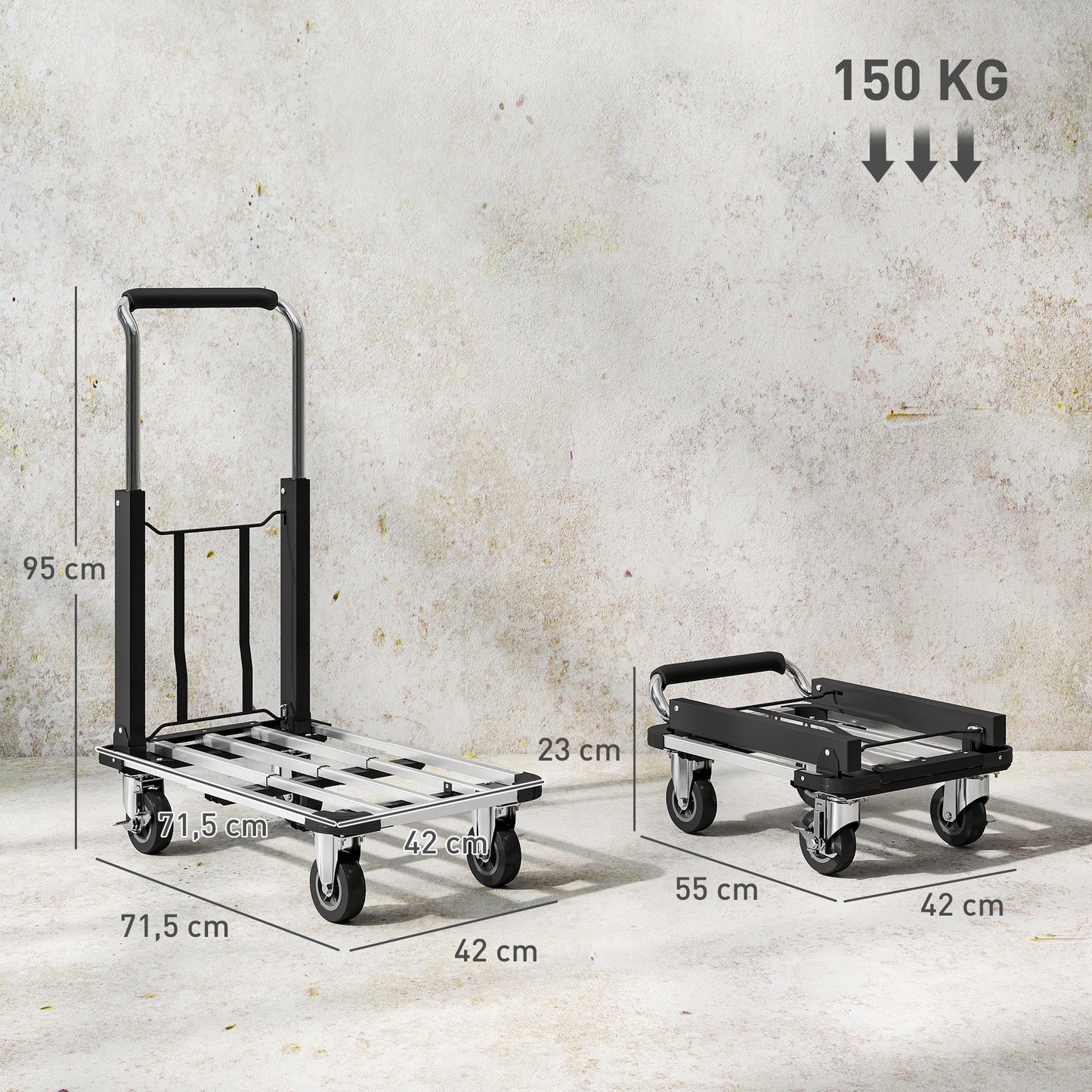 HOMCOM Faltbarer Handwagen, 150 kg Belastbarkeit, erweiterbare Fläche, höhenverstellbarer Griff, für Kisten, Metall, Schwarz