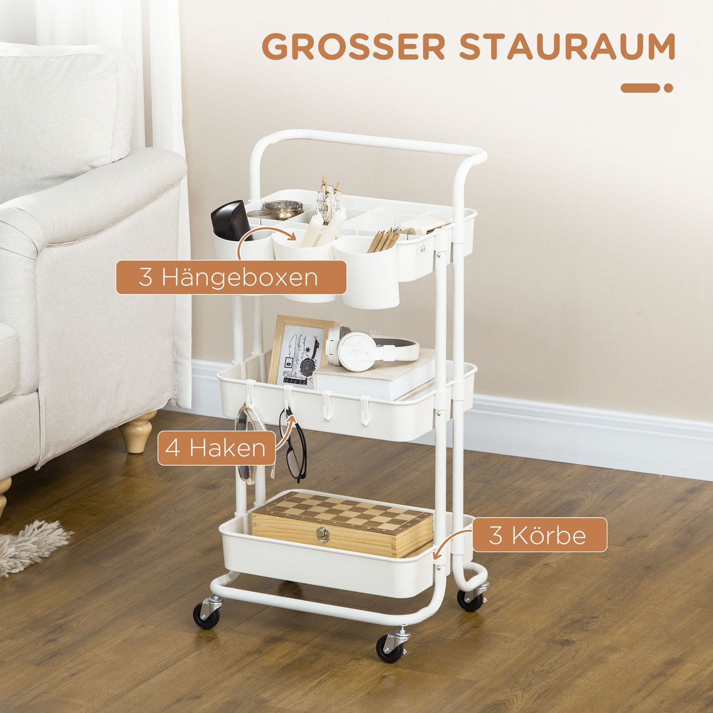 HOMCOM Rollwagen, Servierwagen, 3 Ablagekörbe, 3 Hängeboxen, 4 Haken, Metallrahmen, 42 x 38 x 86,5cm, Weiß