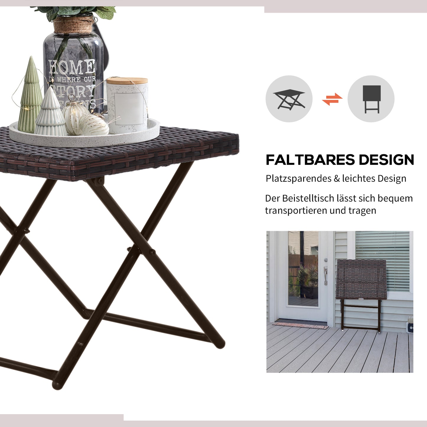 Outsunny Beistelltisch aus Polyrattan klappbar Kaffeetisch Couchtisch Tablett Balkontisch Gartentisch Sofatisch Teetisch Gartenmöbel Rattantisch für Garten Terrasse Balkon, 40x40x40cm Braun