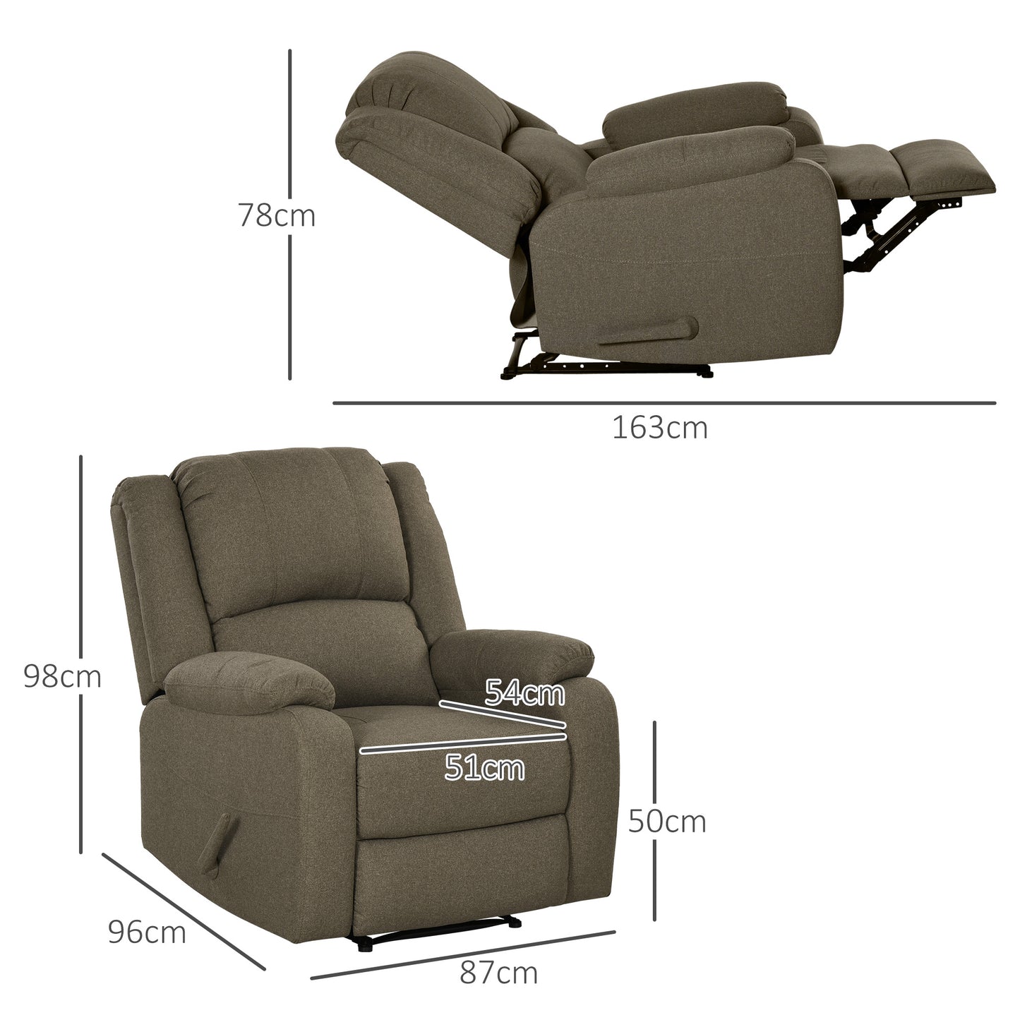 HOMCOM Relaxsessel, Liegefunktion und Fußstütze, verstellbar, bis 150 kg, Stahlrahmen, 90 x 96 x 98 cm, Braun