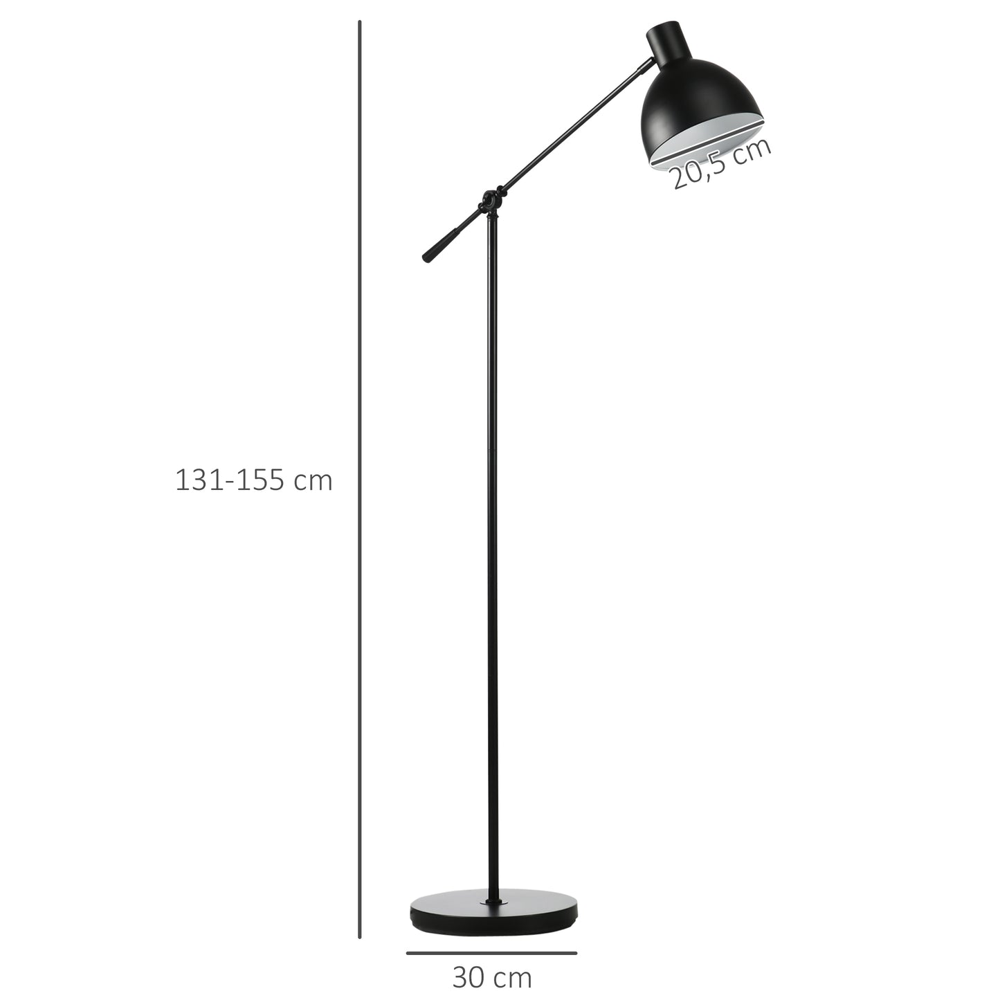 HOMCOM Stehleuchte im Industriedesign, höhenverstellbar, Bodenschalter; 30 m x 30 cm x 131 cm, Schwarz
