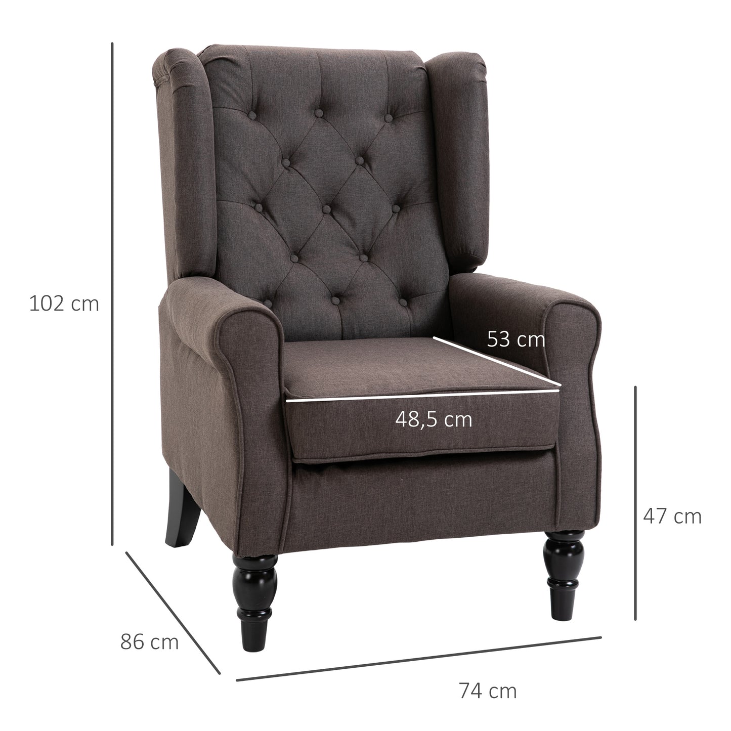 HOMCOM Ohrensessel Sessel mit Tufting, hoher Rückenlehne, Gepolstert Loungesessel mit abgerundeten Armlehnen, Holzbeine, für Schlafzimmer, Wohnzimmer, bis 160 kg, Braun
