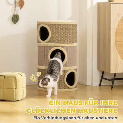 PawHut Kratztonne, 79 cm hoch, Ø45 cm, dreistöckige Katzentonne mit Sisalseil, Katzenhöhle, für große Katzen, Khaki+Braun