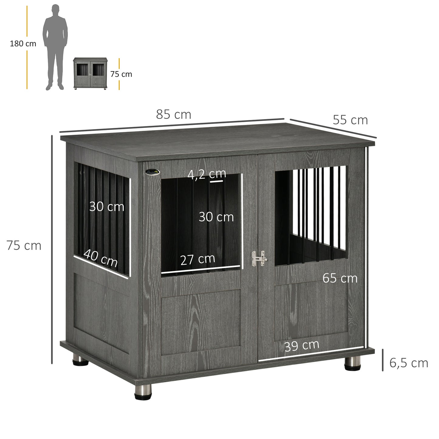 PawHut Hundebox, Haustierbox, Hundehütte mit Schloss, Magnettür, Hundehaus mit Fenster, für große Hunde, 85 x 55 x 75 cm, Grau