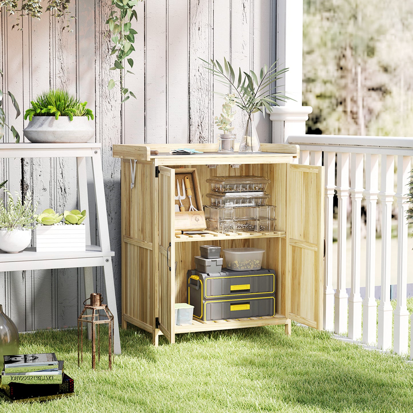 Outsunny Gartenschrank, Werkzeugschrank für den Außenbereich, mit Arbeitsfläche, Holz und Edelstahl, Doppeltüren, Naturholz