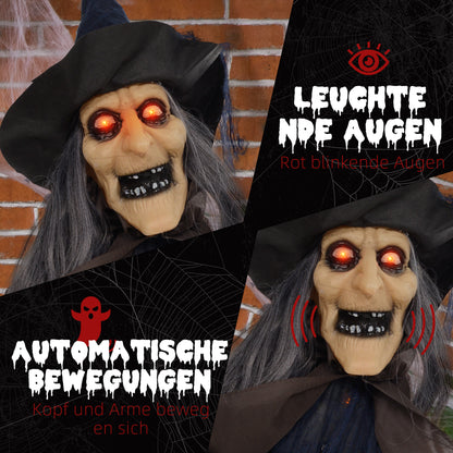 HOMCOM Halloweendekoration Hexe mit Besen, leuchtende Augen, gruselige Geräusche, biegsame Arme, 107x65x190 cm