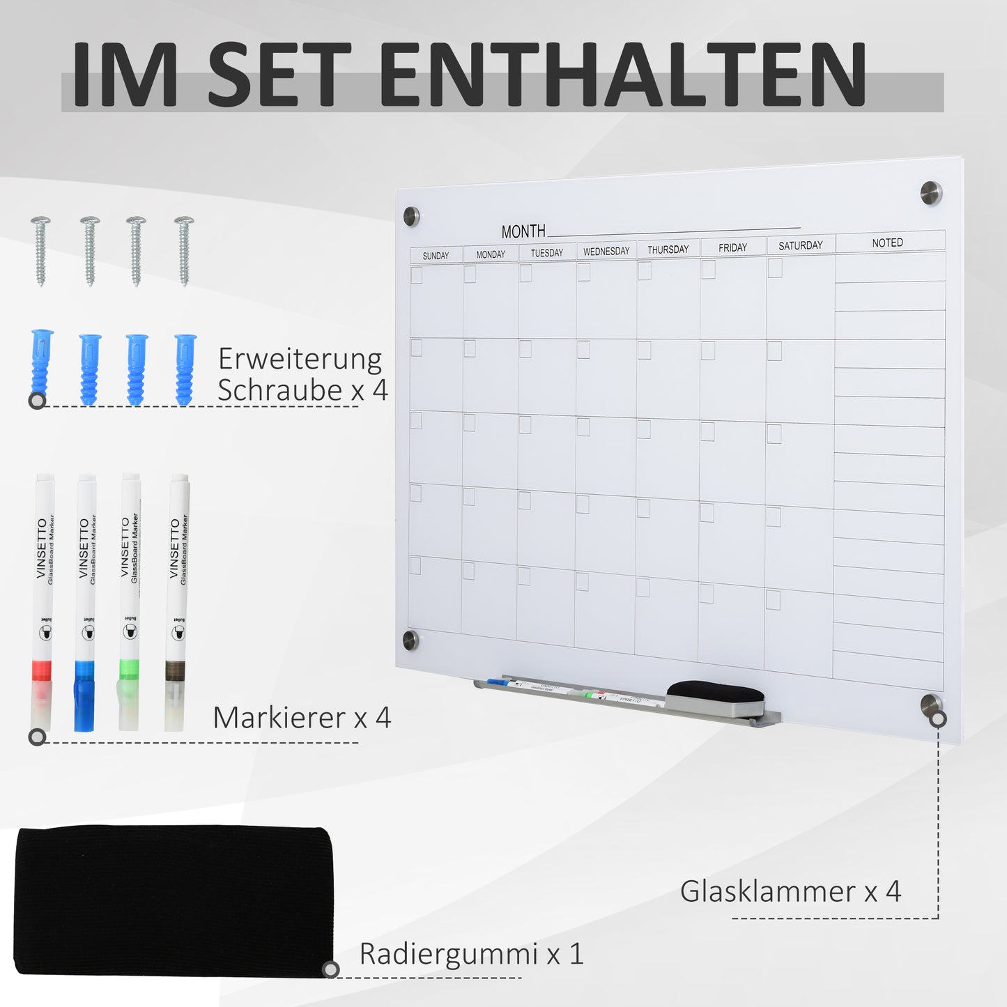 Vinsetto Whiteboard Whiteboard Kalender für Organisation Ferienpläne und Monatsplanungen inkl. 1 Stifthalter, 4 Marker & Radierer 90 x 60 cm