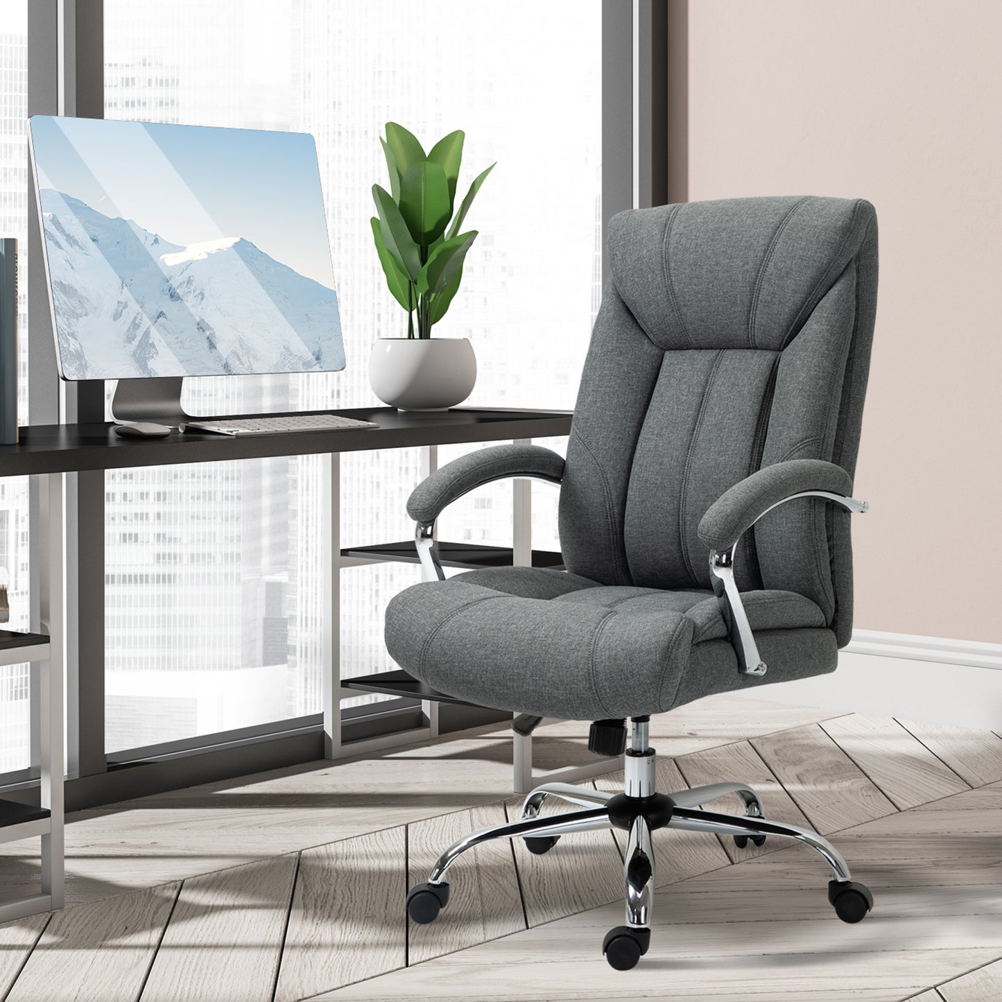 Vinsetto Bürostuhl mit Wippfunktion ergonomischer Stuhl mit gepolsterte Armlehne Kopfstütze höhenverstellbarer Schreibtischstuhl Drehstuhl mit Rückenlehne Nylon Grau 65 x 78 x 110-118 cm