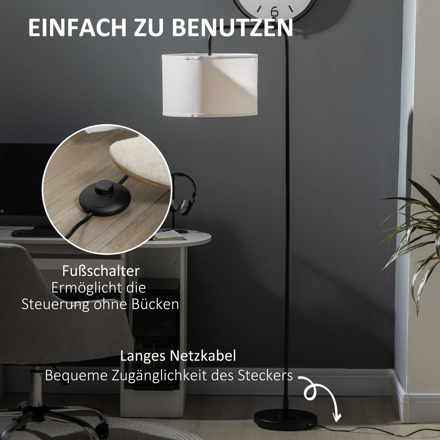 HOMCOM Stehlampe mit Fußschalter, Bodenlampe mit Stoffschirm, Stahl, Weiß