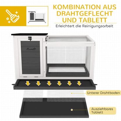 PawHut Kaninchenstall aus Holz Hasenstall mit Freilaufgehege Rädern Klappdach für Innen, draußen 92 x 52 x 67 cm Dunkelgrau