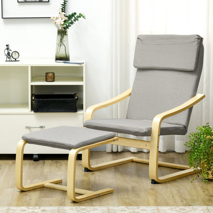 HOMCOM Loungesessel mit Hocker, Bezug in Leinenoptik, Holzrahmen, bis 120 kg, Hellgrau/Natur