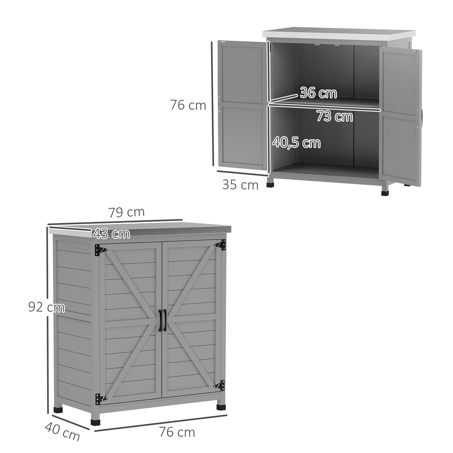 Outsunny Gartenschrank, Außenschrank mit Arbeitsfläche, Werkzeugschrank, Massivholz, Stahl, 79B x 43T x 92H cm, Grau