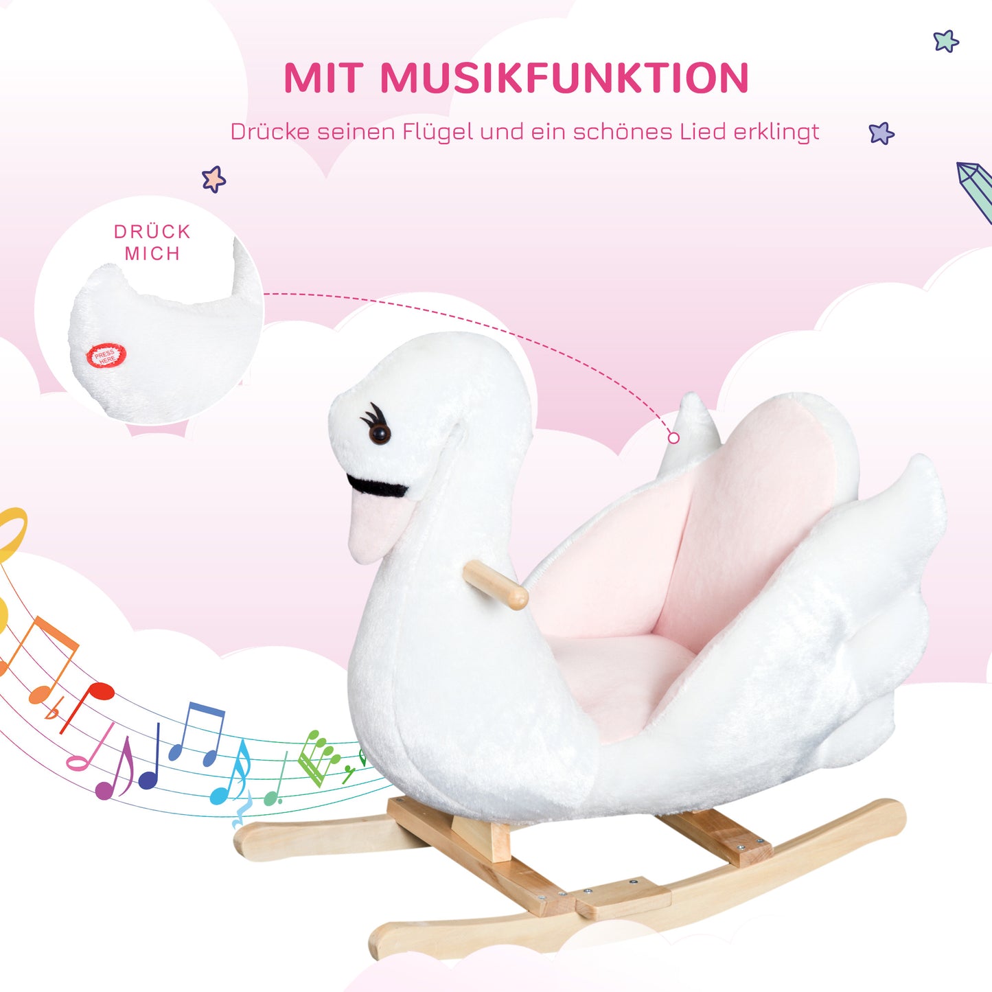 HOMCOM Schaukeltier Schaukelpferd mit Sicherheitsgurt Musik, 55 cm Baby Schaukel aus weichem Plüsch Schaukelspielzeug Spielzeug Wippe für Baby Kinder Kleinkinder ab 18 Monate Holz