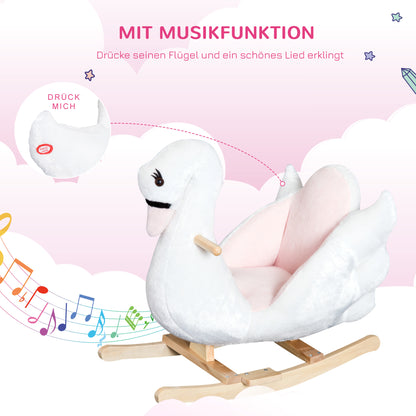 HOMCOM Schaukeltier Schaukelpferd mit Sicherheitsgurt Musik, 55 cm Baby Schaukel aus weichem Plüsch Schaukelspielzeug Spielzeug Wippe für Baby Kinder Kleinkinder ab 18 Monate Holz