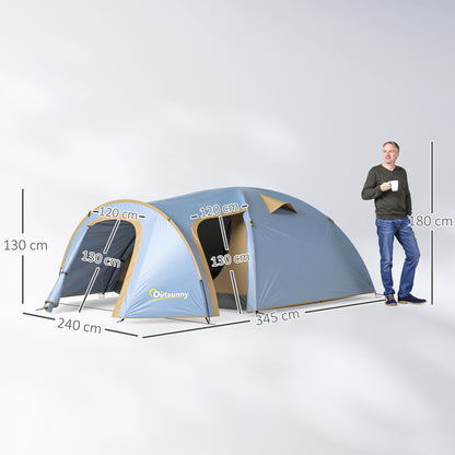 Outsunny Campingzelt für 4 Personen, wasserdicht Tunnelzelt mit 2 Türen Haken Packtasche 3,45 x 2,4 x 1,3 m Hellblau