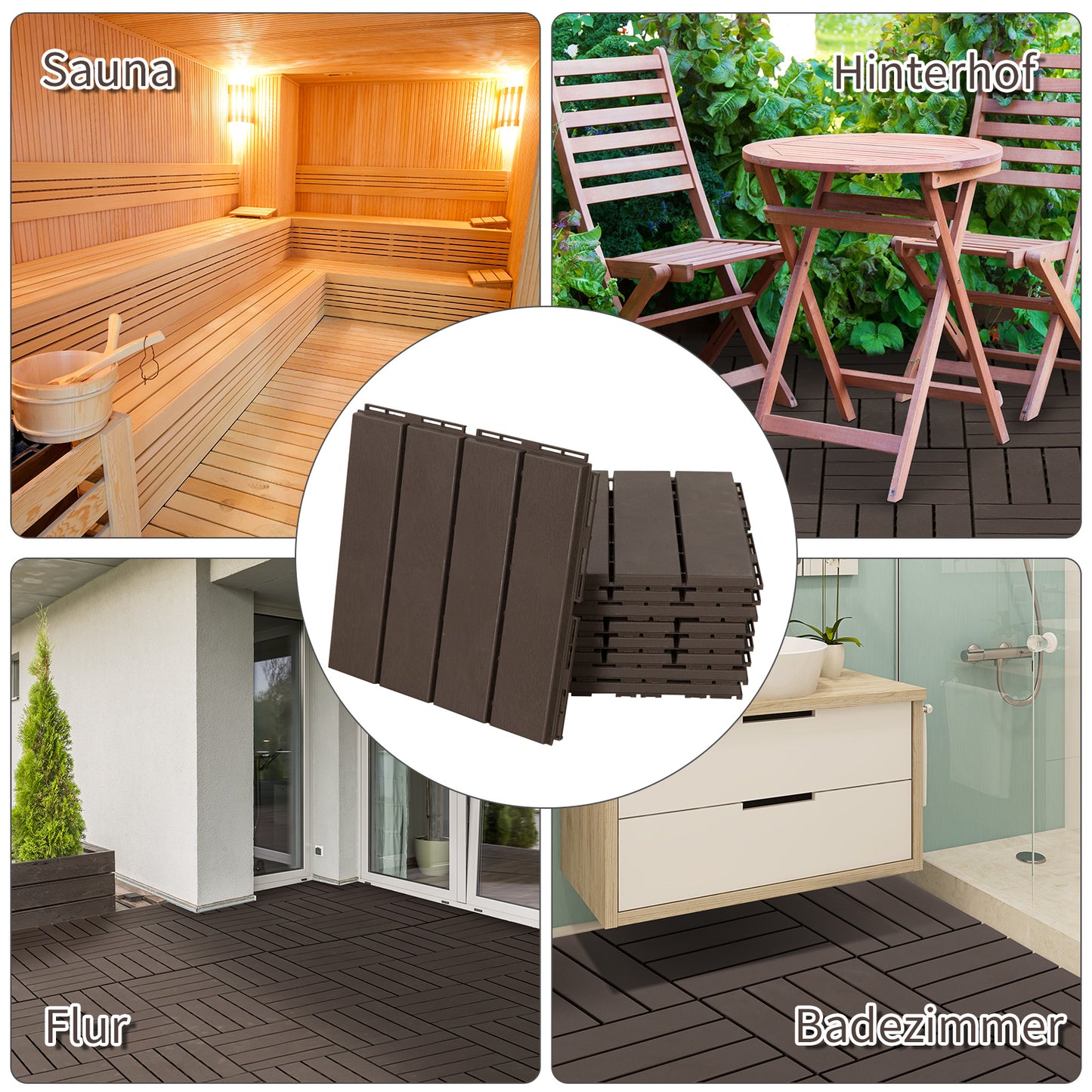 Outsunny Terrassenfliesen 30 x 30 cm 9 Stück 0,81㎡ Klickfliesen Balkonfliesen mit Klicksystem Drainagefunktion Bodenbelag Fliese für Terrasse Balkon Braun