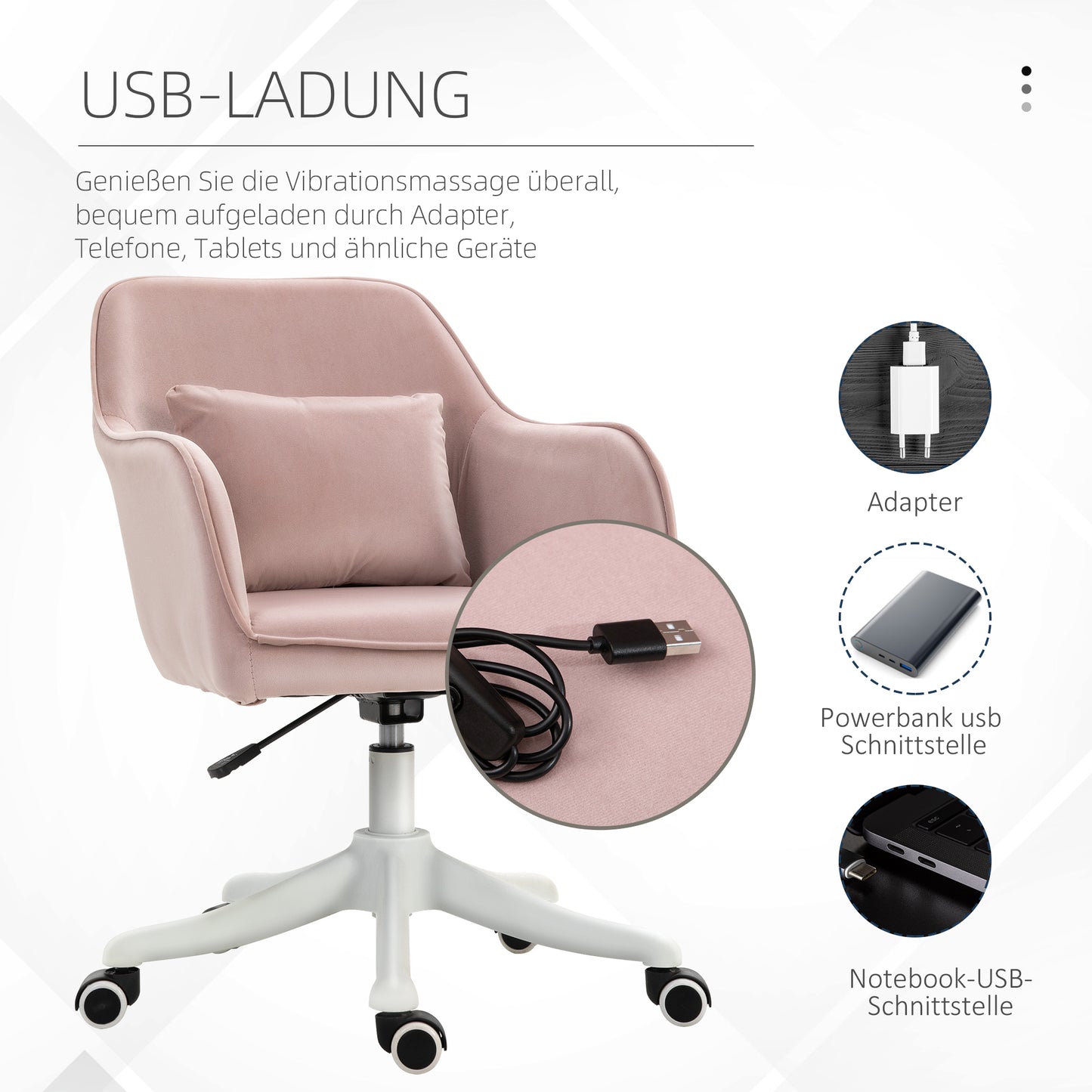 Vinsetto Massage Schreibtischstuhl 78-86 cm höhenverstellbarer Bürostuhll Drehstuhl Computerstuhl mit USB-Schrittstelle Arbeitsstuhl mit Vibrationsfunktion Lendenkissen Massagefunktion Rosa