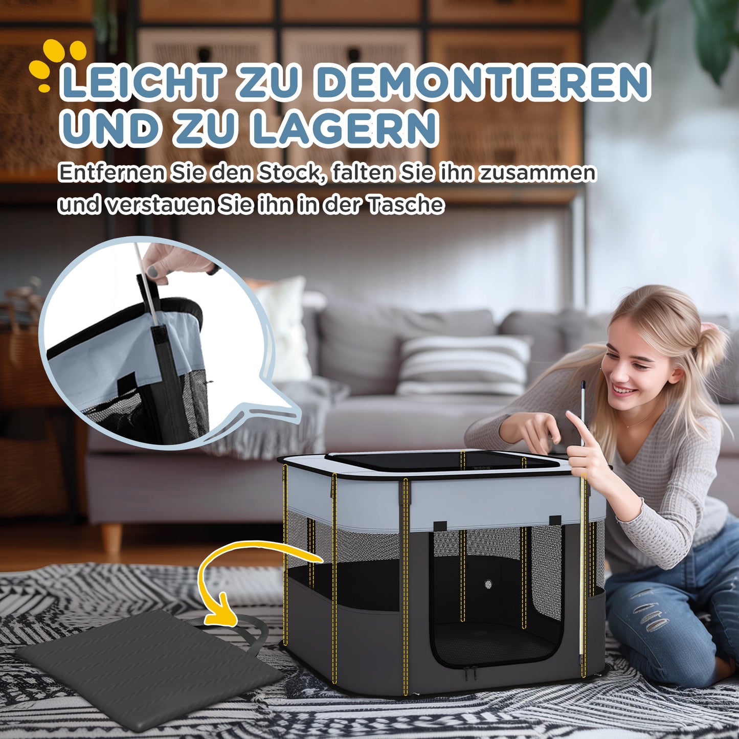 PawHut Spiegehege für Haustiere, faltbar, mit Aufbewahrungstasche, for Welpen und Kätzchen, drinnen und draußen, غراو