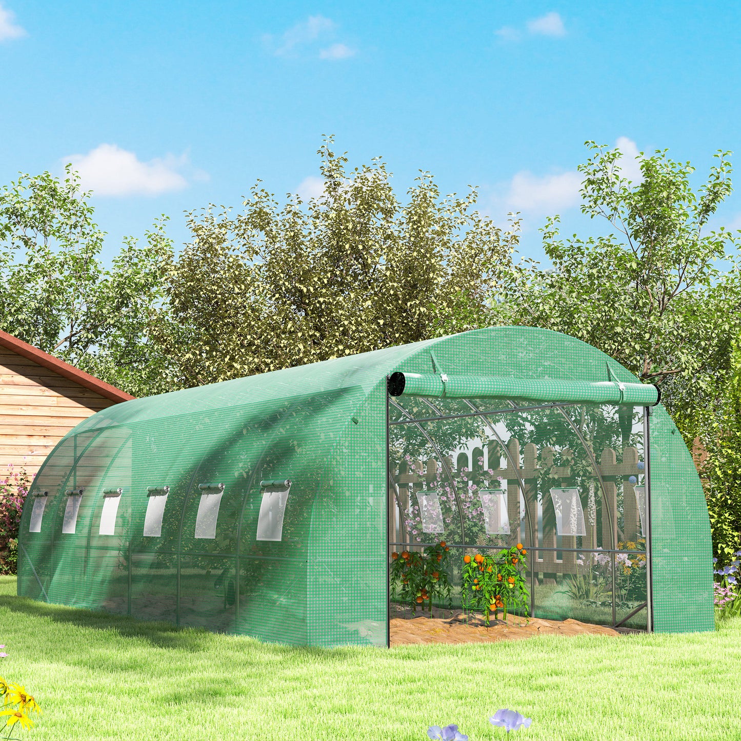 Outsunny Polytunnel Gewächshaus mit Kunststoff-Abdeckung und Stahlrahmen, begehbares Gewächshauszelt mit Rolltüren, Grün
