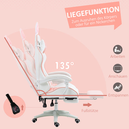 Vinsetto Gaming Stuhl Ergonomischer Gamer Stuhl mit Lendenwirbelstütze, Fußstütze Hasenohren Kopfkissen Rosa