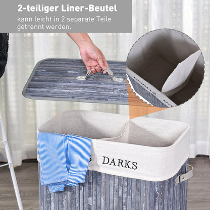 HOMCOM Bambus Wäschekorb mit Deckel 100 L Wäschesammler mit PU-Griffen, Wäschesack aus Segeltuch, Laundry Baskets Wäschesortierer für Waschküche Schlafzimmer Badezimmer Grau