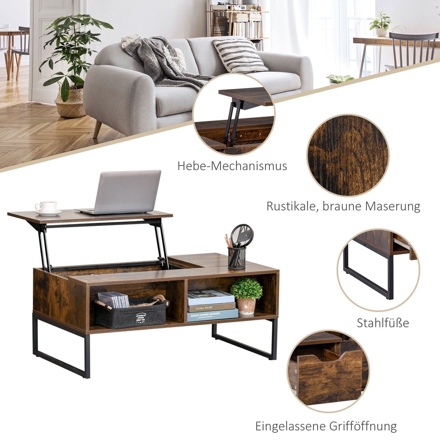 HOMCOM Couchtisch Wohnzimmertisch Kaffeetisch mit Höhenverstellbarer Platte Spanplatte Braun 100 x 60 x 44 cm