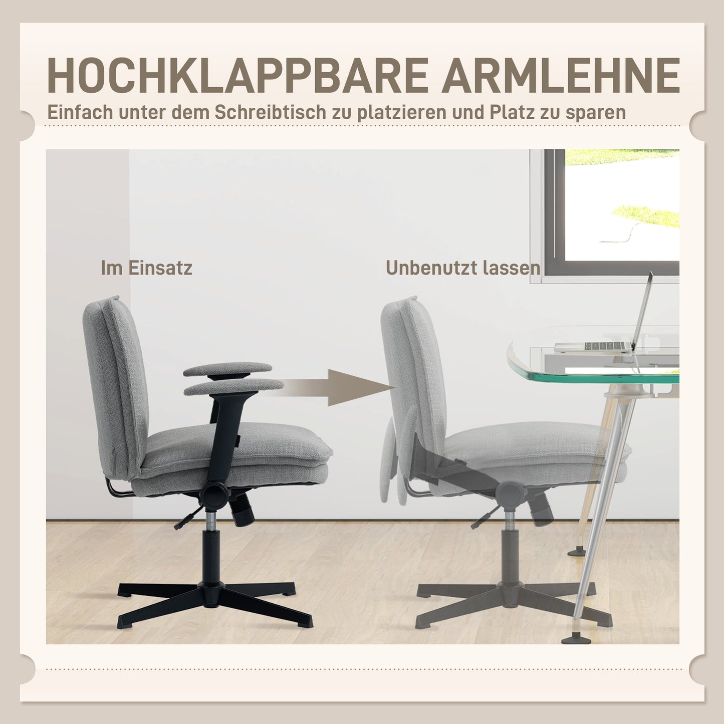 HOMCOM Bürostuhl mit hochklappbaren Armlehnen, breiter Schreibtischstuhl in Leinenoptik, höhenverstellbar, Stahlbasis, Grau