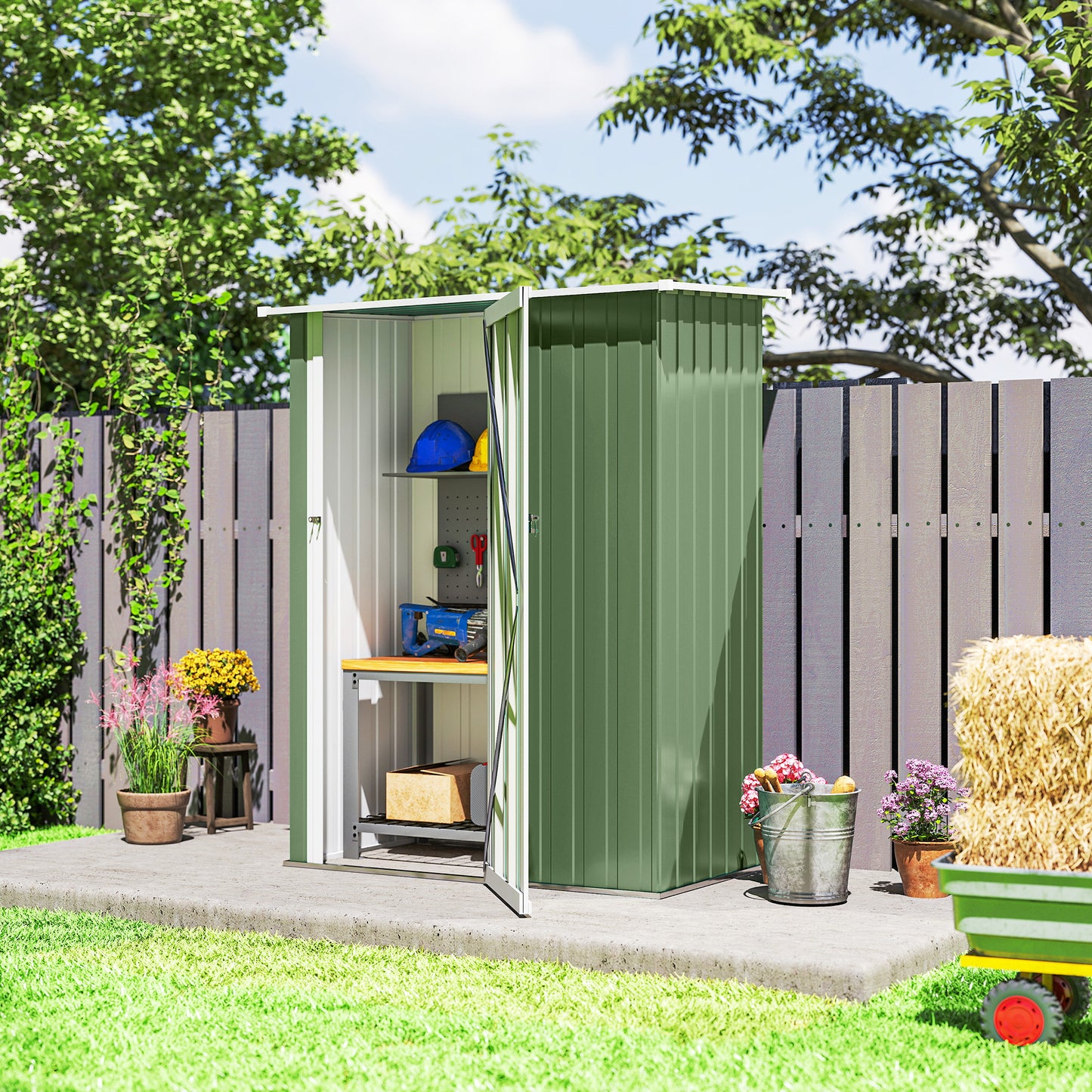 Outsunny Metall Gerätehaus 1,07 m² mit Schrägdach, 142 x 84 x 189 cm Geräteschuppen mit abschließbar Tür, Garten Schuppen, Gartenhaus Grün