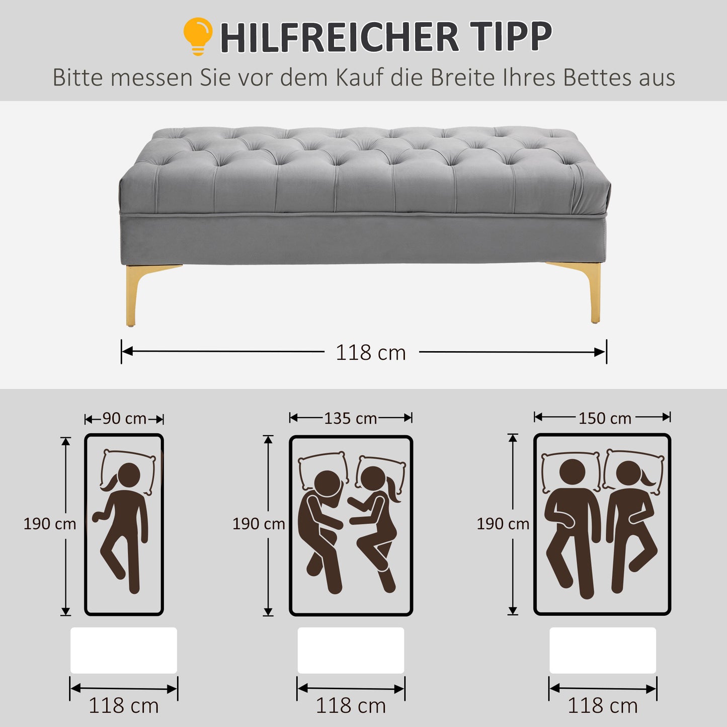 HOMCOM Sitzbank Bettbank Schuhbank mit erhöhten Beine Schlafzimmer Samt Hellgrau