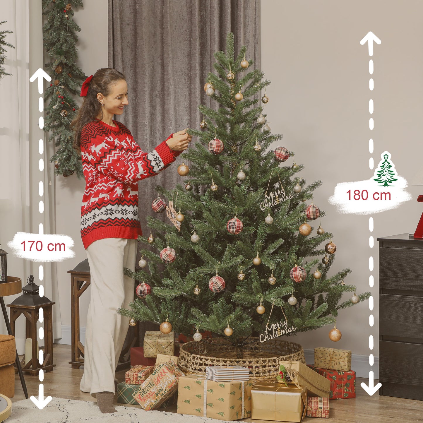 HOMCOM Künstlicher Weihnachtsbaum, 180 cm, dichte Zweige, realistisches Aussehen, flammenhemmend, Kunststoff, Metall, Grün