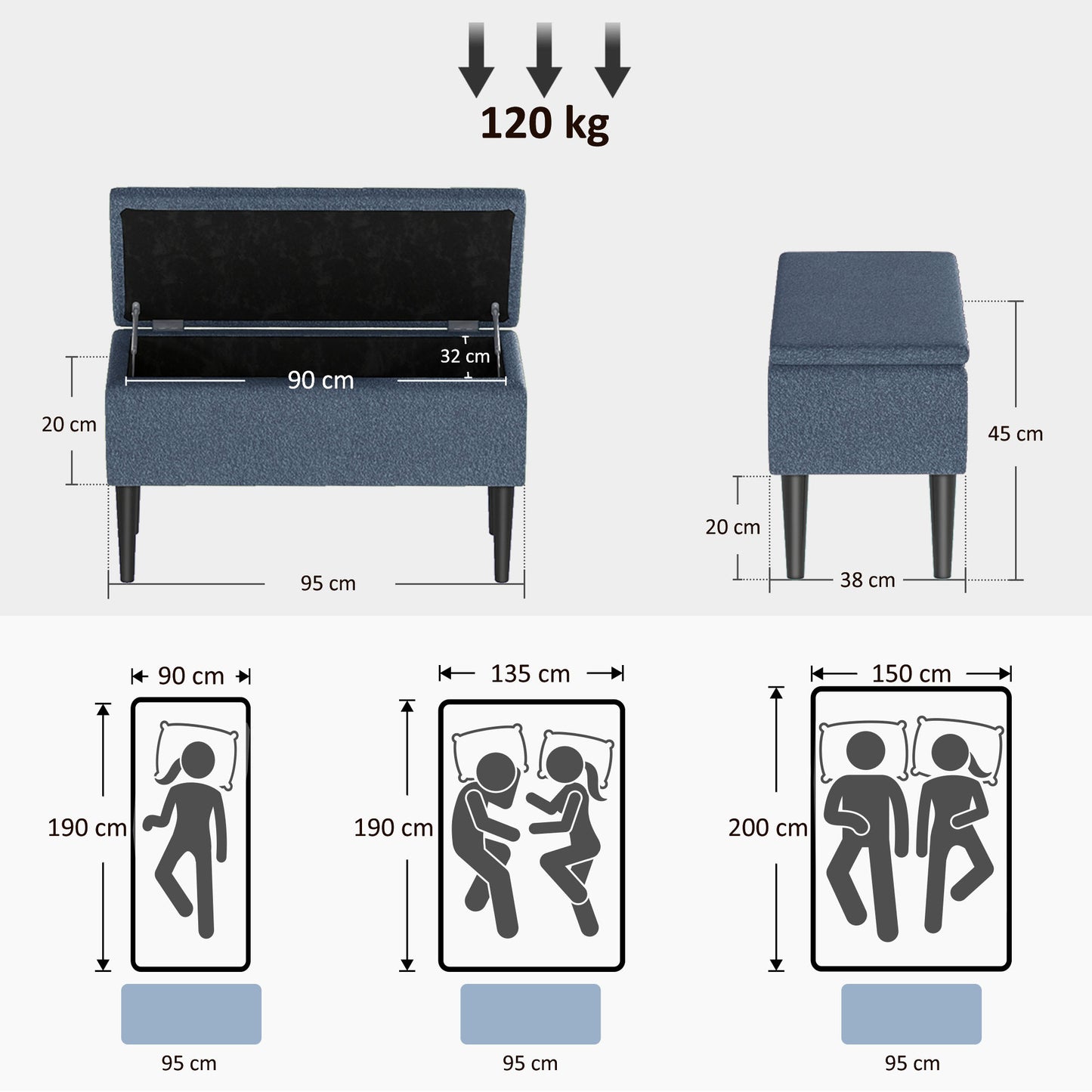HOMCOM Polsterbank mit Stauraum, Sitztruhe, Kaschmiroptik, bis 120 kg, Naturholzrahmen, 95 x 38 x 45 cm, Blau