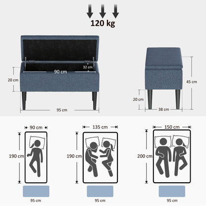 HOMCOM Polsterbank mit Stauraum, Sitztruhe, Kaschmiroptik, bis 120 kg, Naturholzrahmen, 95 x 38 x 45 cm, Blau