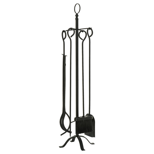 Outsunny 5-teiliges Kamingarnitur Kamin Garnitur Set Kaminbesteck innen Kamin Zubehör Kaminofen Besteck Schmiedeeisen Besteck Werkzeuge Metall Schwarz 20 x 20 x 82,5 cm