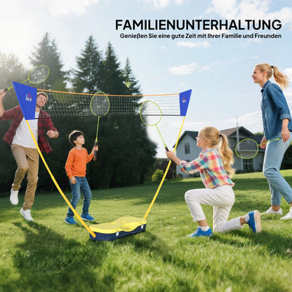 HOMCOM Badminton Netz mit Stand, Badminton-Netzständer, tragbarer Netzständer, Badmintonnetz mit 4 Badminton-Schlägern, Outdoor-Sport, Gelb+Blau, 286 x 33 x 157 cm
