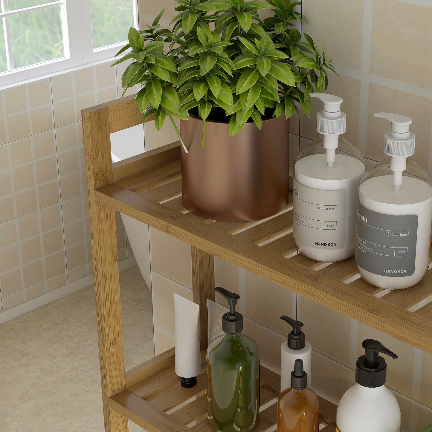 kleankin Badezimmerregal Badregal Toilettenregal, 3 Regale, wasserbeständig, 68 cm x 20 cm x 165 cm, Natur