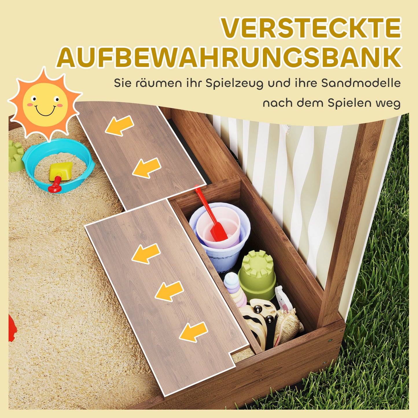 AIYAPLAY Sandkasten, Sandkiste mit Vordach und Netztür, Sitzbänke, Bodenschutz, Braun