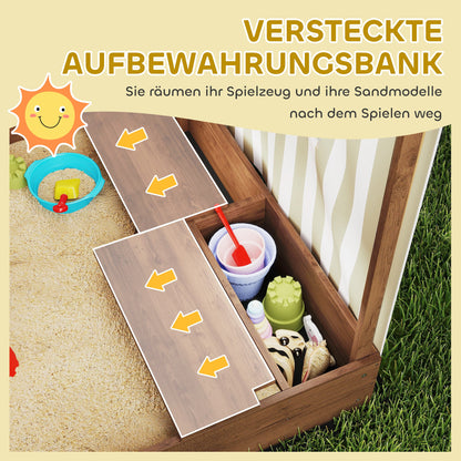 AIYAPLAY Sandkasten, Sandkiste mit Vordach und Netztür, Sitzbänke, Bodenschutz, Braun