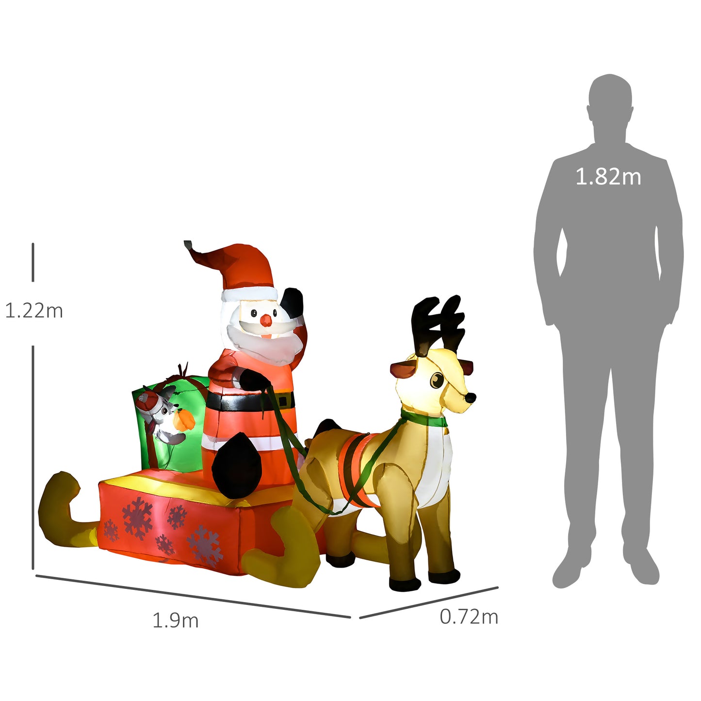 HOMCOM Aufblasbare Weihnachtsdeko, Weihnachtsmann mit Schlitten und Rentier, mit LED-Lichtern, für den Garten