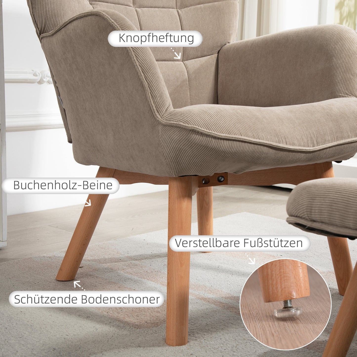 HOMCOM Akzentsessel mit Hocker, Relaxsessel in Cord-Optik, Armlehnstuhl mit Holzbeinen, für Wohnzimmer, Hellbraun