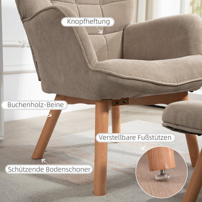 HOMCOM Akzentsessel mit Hocker, Relaxsessel in Cord-Optik, Armlehnstuhl mit Holzbeinen, für Wohnzimmer, Hellbraun